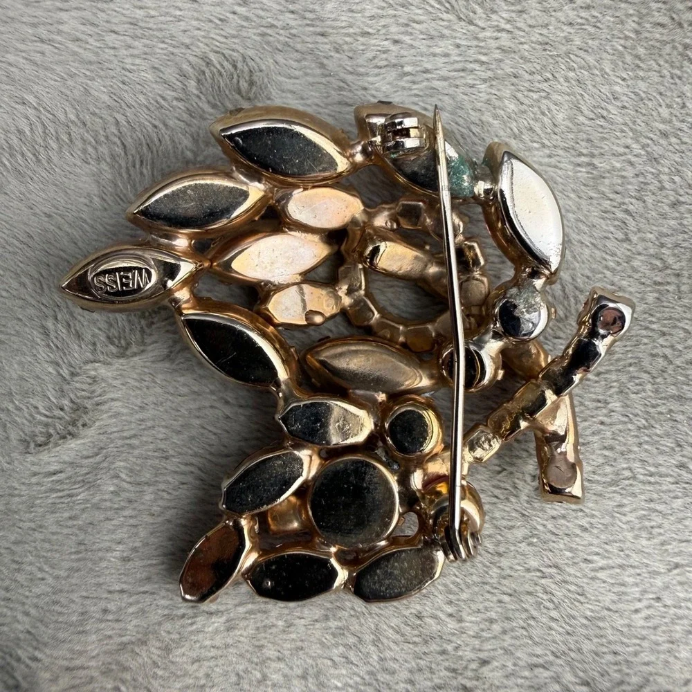 Vintage Weiss Rhinestone Brooch Clip On Earrings‎ Pink Signed